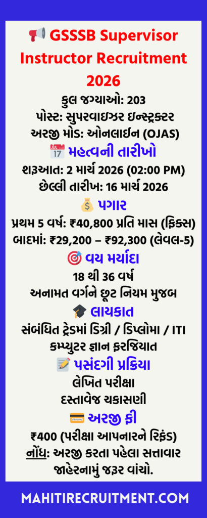 GSSSB Supervisor Instructor Recruitment 2026 Overview in Gujarati